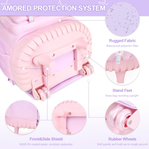 DIGOBAY Rolling Backpack for Girls, Cute Roller School Bag with Wheels, Kids Wheeled Backpacks Set with Lunch Bag Pencil Case for Teen Girls Kindergarten Elementary Middle School - color: Purple-pink