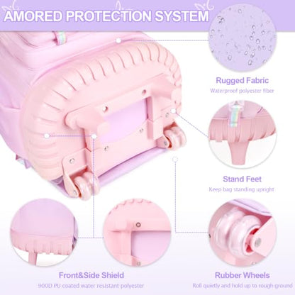 DIGOBAY Rolling Backpack for Girls, Cute Roller School Bag with Wheels, Kids Wheeled Backpacks Set with Lunch Bag Pencil Case for Teen Girls Kindergarten Elementary Middle School - color: Purple-pink