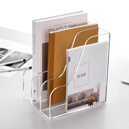 SANRUI Acrylic File Organizer, Compact Desk Organizer for Folders, Binders, Notebooks, Envelopes, Clear Magazine File Holder, 3 Section Bookshelf for School Home Office Organization, A4 Size - size: A4,3 Sections