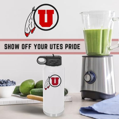 Game Day Outfitters Utah 32oz Stainless Steel Double Walled White Beverage Bottle with Flip Straw Spout - College Gear for Playoff Season – For Office, Home or Auto – Show your Utes Pride - style: Utah / White