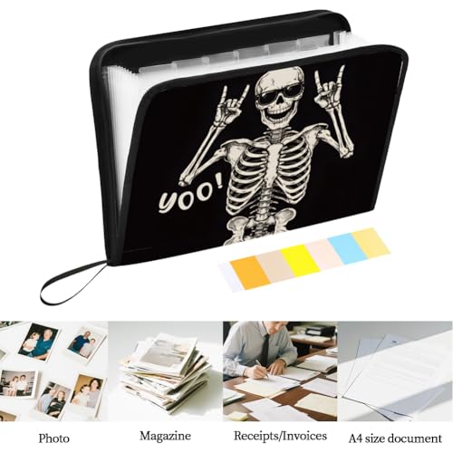 WEBEEDY Expanding File Folder with 13 Pockets, Labels and Zipper, Portable Accordion File Organizer Paperwork Folder for Documents A4 Paper Receipt Travel Office, Back to School Halloween(Skeleton)