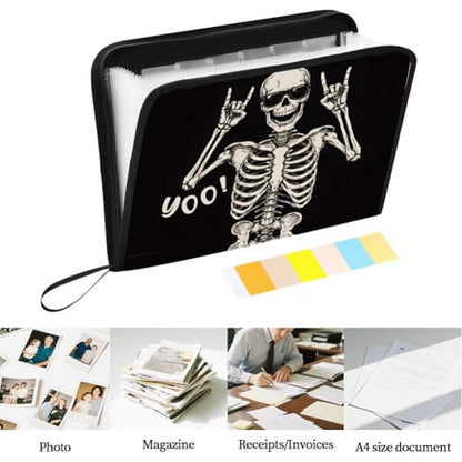 WEBEEDY Expanding File Folder with 13 Pockets, Labels and Zipper, Portable Accordion File Organizer Paperwork Folder for Documents A4 Paper Receipt Travel Office, Back to School Halloween(Skeleton)