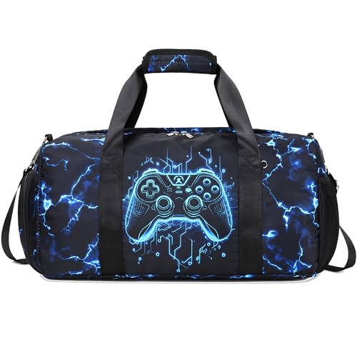 Gamer Sports Duffle Bag Boys Girls Overnighter Sleepover Gym Bag Weekender Carry On Shoulder Bags with Shoe Compartment & Wet Pocket,Game Print - color: Blue Gamer