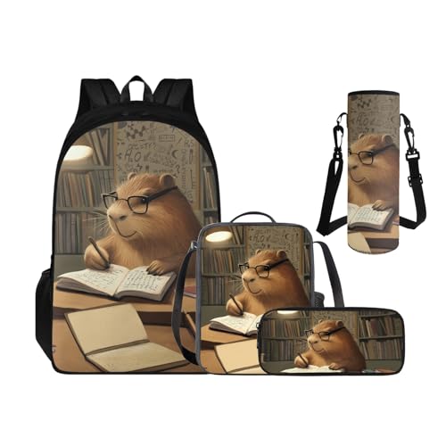 Cool Capybara Backpack with Lunch Box Kids Boys Back to School, Backpack for 2nd Grade Boys Back to School Back Pack Pencil Case and Water Bottle Holder 4 Piece Set for Kids Study - color: Capybara