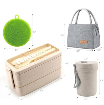 Bento Box Japanese Lunch Box Kit Leakproof Bento Lunch Box for Kids Adults Wheat Straw 3 Layer Stackable Lunch Containers with Compartment Eco-Friendly Meal Prep Containers (Beige) - color: Beige, size: 5Pcs