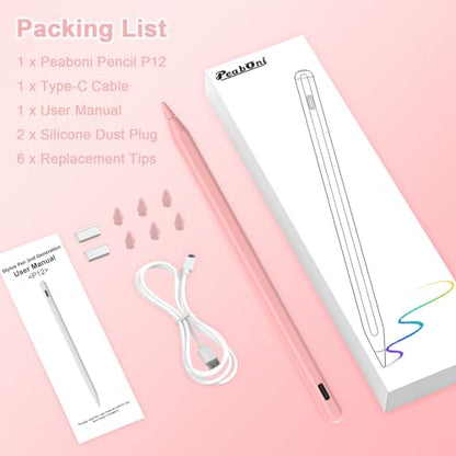 Stylus Pen for iPad, Magnetic Wireless Charging & USB C Fast Charge Pencil Compatible with Apple iPad (A16)11/10/9/8/7/6th Generation, Pro 13"/12.9"/11", Air M3/M2/5/4/3, Mini (A17 Pro)7/6/5 Gen Pink - color: Pink+6pcs Replacement Nibs