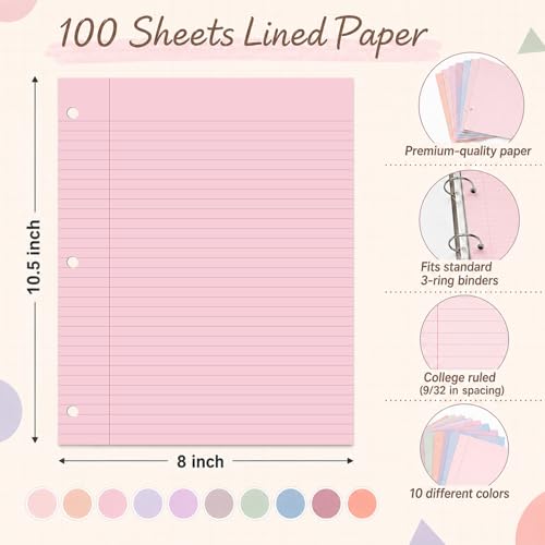 gisgfim 100 Sheets 3 Hole Punched Lined Refill Paper 8 x 10.5 Inch Loose Leaf Paper 3-Ring Binders College Ruled Notebooks Planner Inserts Thicken for Writing School Office Home Supplies(Dreamy) - color: Dreamy