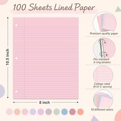 gisgfim 100 Sheets 3 Hole Punched Lined Refill Paper 8 x 10.5 Inch Loose Leaf Paper 3-Ring Binders College Ruled Notebooks Planner Inserts Thicken for Writing School Office Home Supplies(Dreamy) - color: Dreamy