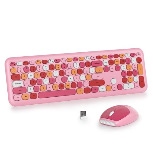 Wireless Typewriter Keyboard and Mouse Combo Retro 104 Key Full Size Office Set Pink with Silent Round Keycaps, Ideal for Laptop and Desktop PCs, Cute Design Keyboard(Pink) - color: Pink mix