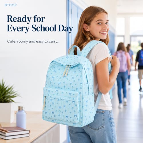 BTOOP School Backpack for Teens Large Cute Bookbag Lightweight 15.6 inch Laptop Bag for Girls Women Casual High School College - color: Blue Bow