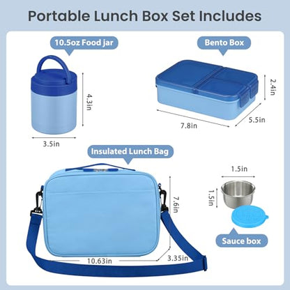 HWONMTE Bento Lunch Snack Boxes Set for Kids Reusable Food Containers with Insulated Lunch Bag, Sauce Box,Removable Dividers for Toddler Girls Boys Teens to School,Travel - color: Blue Set