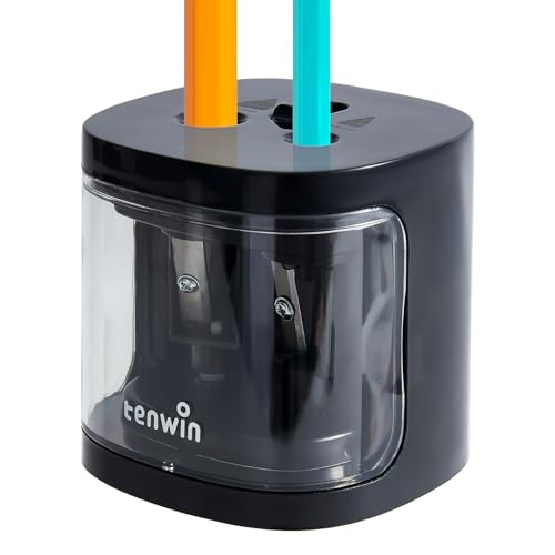 tenwin Electric Pencil Sharpener, Dual Hole Pencil Sharpeners Battery Powered, Small&Portable, Fit for 6-12mm No.2/Colored Pencils, Kids, School/Home (Black) - color: Black