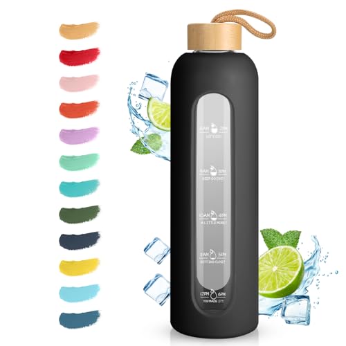 Sursip 32 oz Glass Water Bottle, Time Marker with Silicone Sleeve & Lid | 1 Liter BPA-Free Motivational Bottle, Leak-Proof Dishwasher Safe - color: Black