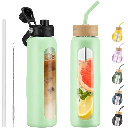 Kodrine 32 oz Glass Water Bottle with Straw & Spout Lids, Motivational Time Marker, Borosilicate Glass Bottle with Silicone Sleeve, Leakproof, Wide Mouth, BPA-Free for Gym, Fitness-Light Green - color: Light Green, size: 32 Ounces