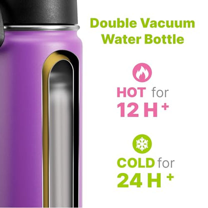 Kids Insulated Water Bottle with Straw-18 oz Stainless Steel Double Wall Vacuum Wide Mouth Water Bottle for School-Metal Travel Water Flask with Silicone Boot (Purple) - color: Purple, size: 18 Ounces