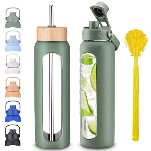 32 oz 1L Borosilicate Glass Water Bottle with Bamboo Lid, Stainless Steel Straw, 2 Leak-Proof Lids, Silicone Sleeve, BPA Free for Gym, Office, Home & Travel - color: Olive, size: 32 Ounces