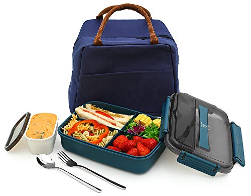 MINCOCO Bento Lunch Box Leak-proof Eco-Friendly Bento Box Food Storage Containers with Large Lunch Bag, Sauce Jar, Stainless Spoon&Fork for Adults Women Men Kids (Navy Blue) - color: Navy Blue