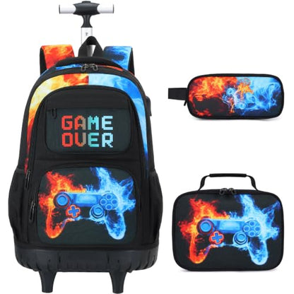 Scothen 3PCS Rolling Backpack for Boys, Cool Gamer Roller Backpack with Wheels, Kids Boy Wheeled Backpacks with Lunch Bag Pencil Case for Teens Bookbag Kindergarten Elementary Middle School - color: Red Blue Flame