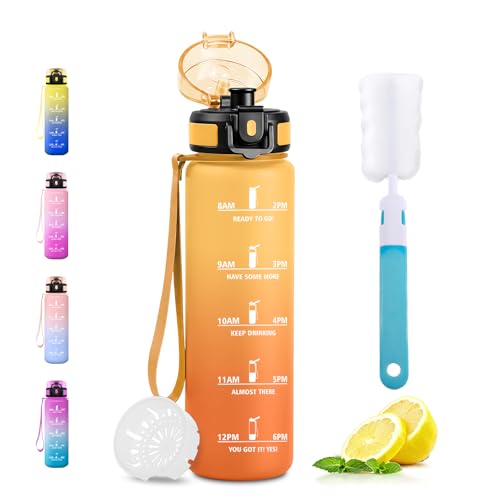500ml Water Bottle with Time Markers Leak-Proof Filter Bottle BPA-Free for School Students Office Gym - color: 500ml | Amber Yellow + Orange, size: 16.9 Ounces