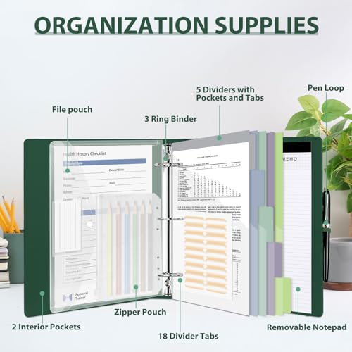 3 Ring Binder with Clipboard,2 Inch Binders with Notepad&5 Dividers with Pockets, Labels,PU Clipboards for School Office(Green,Letter Size) - color: Green, size: Letter Size -2 Inch