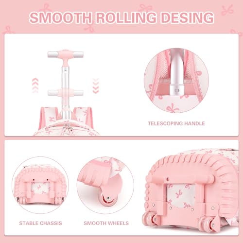 DIGOBAY Rolling Backpack for Girls, Cute Girls Backpack with Wheels, Kids Wheeled backpacks Set with Lunch Bag Pencil Case for Teen Girl, Roller School Bag with Wheels for Elementary Middle School - color: Beige and Pink Bow