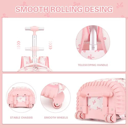 DIGOBAY Rolling Backpack for Girls, Cute Girls Backpack with Wheels, Kids Wheeled backpacks Set with Lunch Bag Pencil Case for Teen Girl, Roller School Bag with Wheels for Elementary Middle School - color: Beige and Pink Bow