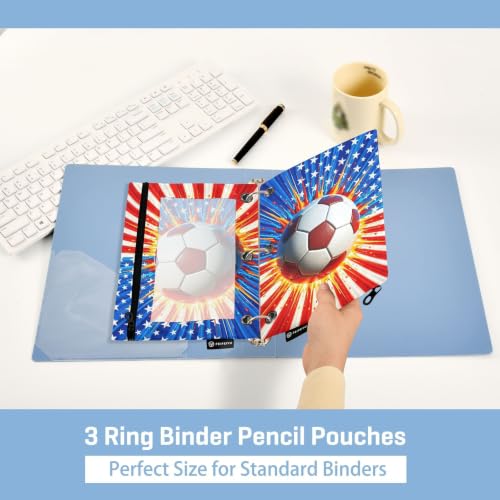 Gredecor 3 Ring Binder Pencil Pouch, American Flag Soccer Ball Zippered Pen Case Pouches with Clear Window, 2 Pack Stylish Office & School Supplie - color: American Flag Soccer Ball