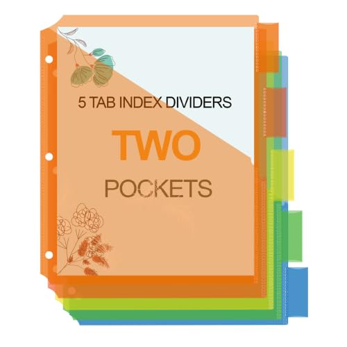Seashell 15 Pack Binder Dividers with Two Pockets, Poly Index Dividers with 5 Insertable Tab, 3 Hole Plastic Binder Sleeves Works with Sheet Protectors, Multicolor, Letter Size, 3 Sets