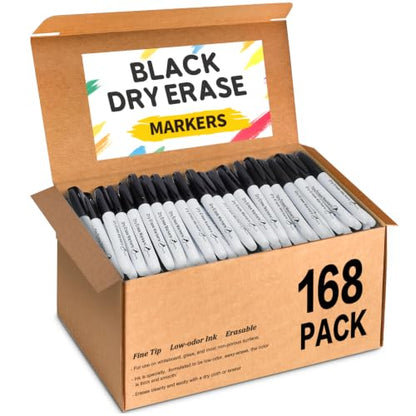 Jumlys 168 Pack Black Dry Erase Markers Fine Tip Bulk, Low Odor Ink | Non-Toxic, Quick-Drying, Easy to Erase from Whiteboards, Ideal for Classrooms, Offices and Home
