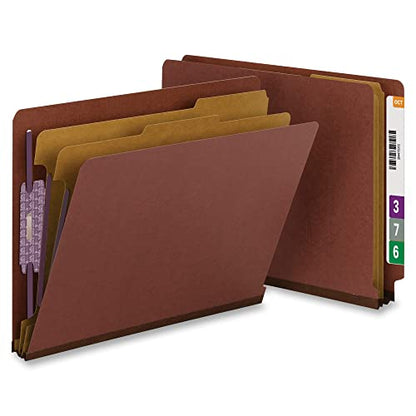 Smead 100% Recycled End Tab Pressboard Classification File Folder with SafeSHIELD Fasteners, 2 Dividers, 2" Expansion, Letter Size, Red, 10 per Box (26860) - color: Red, style: 2 Dividers