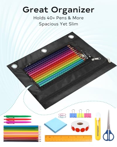 Pencil Pouch for 3 Ring Binder - 3 Hole Zipper Pen Case Bag Holder Bulk Accessories Clear Window Aesthetic Organizer Pockets - color: Black