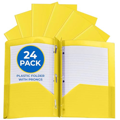24 Pack Yellow Plastic Folders with Pockets Heavy Duty. 2 Pocket Folder with Prongs Bulk. Tear-Resistant Letter Size 8.5x11. Presentation Ready School and Office Supplies - color: Yellow, style: With Prongs
