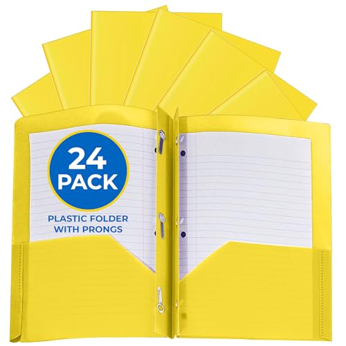 24 Pack Yellow Plastic Folders with Pockets Heavy Duty. 2 Pocket Folder with Prongs Bulk. Tear-Resistant Letter Size 8.5x11. Presentation Ready School and Office Supplies - color: Yellow, style: With Prongs
