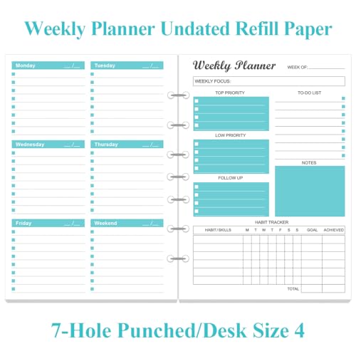 7-Hole Weekly Planner Refills for Mini Binders - 53 Sheets/106 Pages Weekly Planner Paper, 100 gsm White Paper, Lasts 1 Year, Undated, 5.8" x 8.3", Teal - size: 1-Pack, style: 7-Hole/Desk Size 4