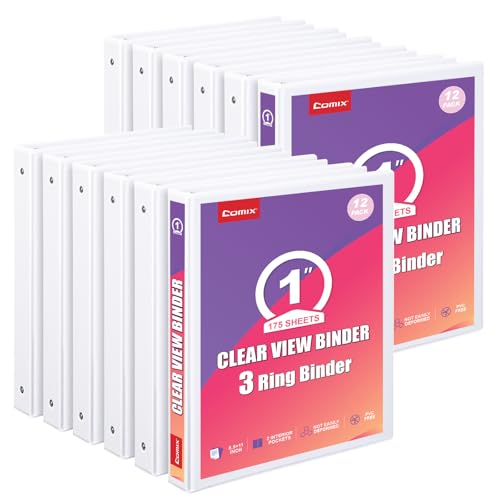 Comix Durable 1 Inch 3 Ring Binder, Round View Binder for Office or School, Fits 175 Sheets of 8.5x11 Paper, PVC-Free & Foldable Spine, Made in North American, 12 Pack (White) - color: White, size: 1 inch, style: 12 Pack