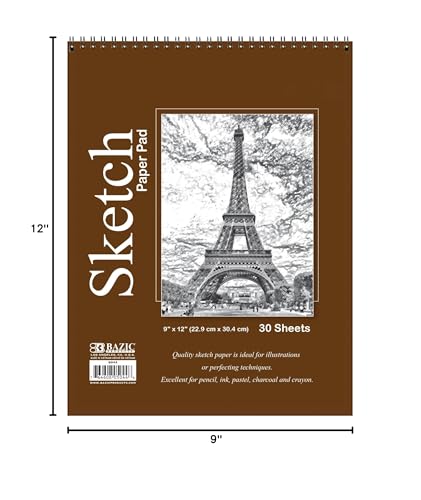 BAZIC Products Spiral Sketch Pad, Top Bound, 9 x 12 in, 30 Sheets, 48-Case | 30-sheet spiral sketch pad, smooth drawing paper for sketching, shading - color: 30 Sheets - 9"x12", size: 48-Pack