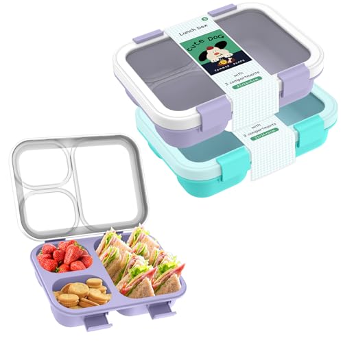 Bento Box, Lunch Box with Lids, 3-Compartment Meal Prep Containers Reusable, Leakproof & Stackable, Food Storage Containers for Office, Travel (Purple & blue) 2pcs - color: Purple & blue