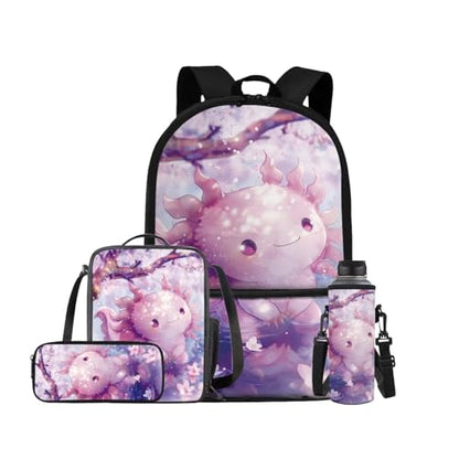 Cherry Blossom Axolotl Backpack for Girls Kids Backpack with Lunch Box Water Bottle Pouch and Kawaii Pencil Case 4PCS Set Cute Bookbag with Front Pocket 17" School Bag for Elementary Girls - color: Cute Cherry Blossom Axolotl
