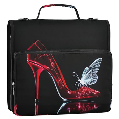 Red High Heel Shoe and White Butterfly Silhouette 3 D-Ring 2 inch Zipper Binder Bag with Shoulder Strap, Multi-Pocket Portfolio Organizer Case for 13 Inch Laptop Middle School - color: Red High Heel Shoe and White Butterfly Silhouette