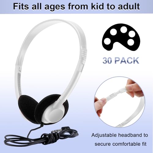 Yunsailing 30 Pack Bulk Headphones Set Over Ear Headphones with Adjustable Headband 3.5mm Plug Headsets Earphones for Learning Program, Computer Lab, Library, Testing & Multimedia Use (White) - color: White