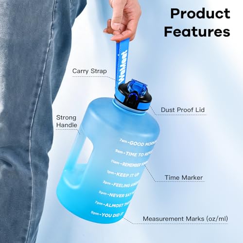 WEMEET 128oz Large Water Bottle with Straw and Time Marker, BPA FREE, 1 Gallon Reusable Motivational Water Bottle, for Gym, Travel, Camping, Hiking (Blue Blue) - color: Blue Blue