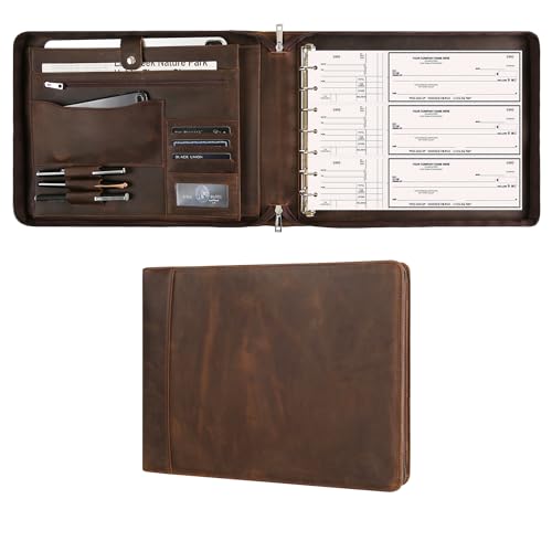 Leather Business Checkbook Binder - 7 Ring Zippered Binder with Check Book Holder for 3 Per Page, 600 Checks Capacity for 9 x 13 inch Sheets, Dark Khaki - color: Dark Khaki, size: Non Custom