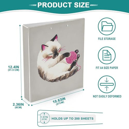 Fustylead Naughty Siamese Cat 3 Ring Binder, D-Rings 1.5" Hardcover Folder, Fits 200 Sheets of A4 Paper, Durable Clipboard & Clean View with Inside Pockets for School Home Office - size: 12.4x10.63x2.36 Inch-1 Pack