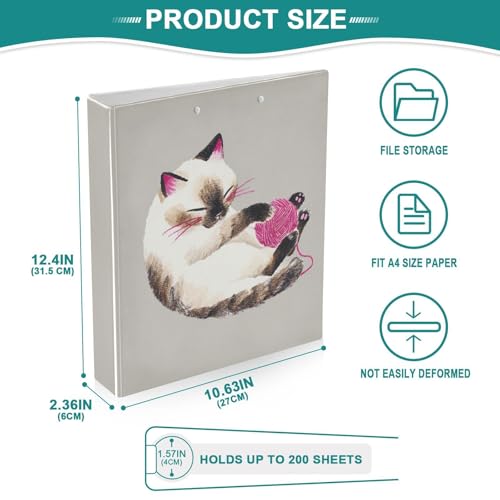 Fustylead Naughty Siamese Cat 3 Ring Binder, D-Rings 1.5" Hardcover Folder, Fits 200 Sheets of A4 Paper, Durable Clipboard & Clean View with Inside Pockets for School Home Office - size: 12.4x10.63x2.36 Inch-2 Pack
