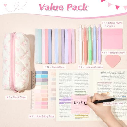 22Pcs Book Annotation Kit Aesthetic Pencil Case with Supplies School Annotation Supplies Gel Pen Transparent Sticky Note Taking Bible Study College Stationery Supplie (Pink Bows) - color: Pink Bows
