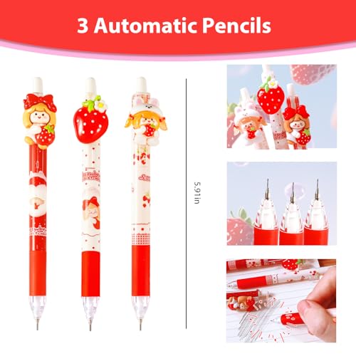 Cute Strawberry Mechanical Pencil Set Include 3Pcs Kawaii Mechanical Pencils,3 Tubes Mechanical Pencil Lead Refills,3Pcs Strawberry Erasers,Strawberry School Supplies for Office School Supplies