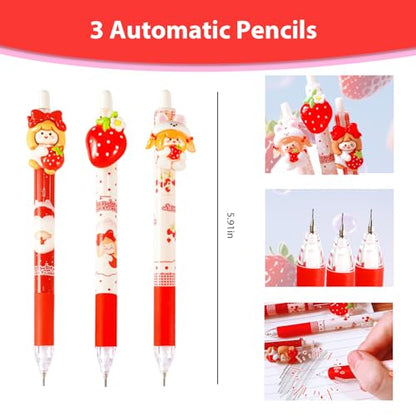 Cute Strawberry Mechanical Pencil Set Include 3Pcs Kawaii Mechanical Pencils,3 Tubes Mechanical Pencil Lead Refills,3Pcs Strawberry Erasers,Strawberry School Supplies for Office School Supplies