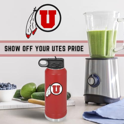 Game Day Outfitters Utah 32oz Stainless Steel Double Walled Red Beverage Bottle with Flip Straw Spout - College Gear for Playoff Season – For Office, Home or Auto – Show your Utes Pride - style: Utah / Red