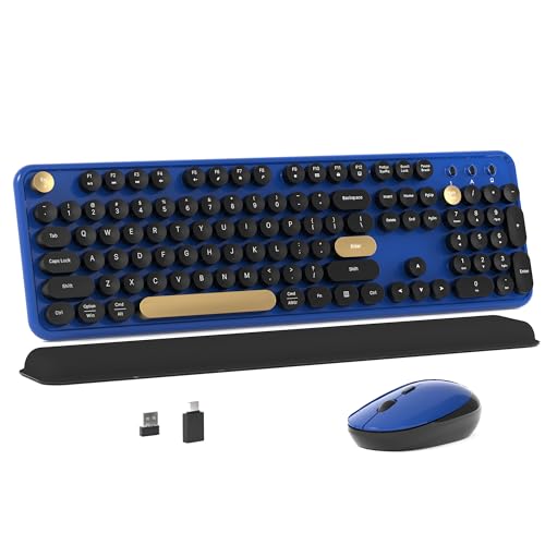 Colorful MPTOG Wireless Computer Keyboard and Mouse Combo (Black-Blue) | Retro Round Typewriter Keycaps, Power Switch, Ergonomic Design, 2.4GHz Wireless for Windows, Mac, PC - color: Black-Blue