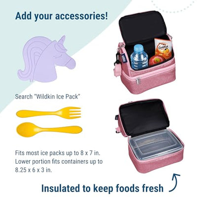 Wildkin Two Compartment Lunch Bag, Pink Glitter | Two compartments keep lunch and snacks separate, PEVA-lined main section, ages 5+ — clean solid colors - color: Pink Glitter